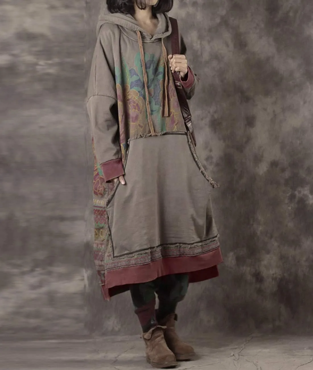 YESNO Women Long Casual Hooded Sweatshirt Dress Ethnic Floral Print Color Block Hemline with Pockets JFD
