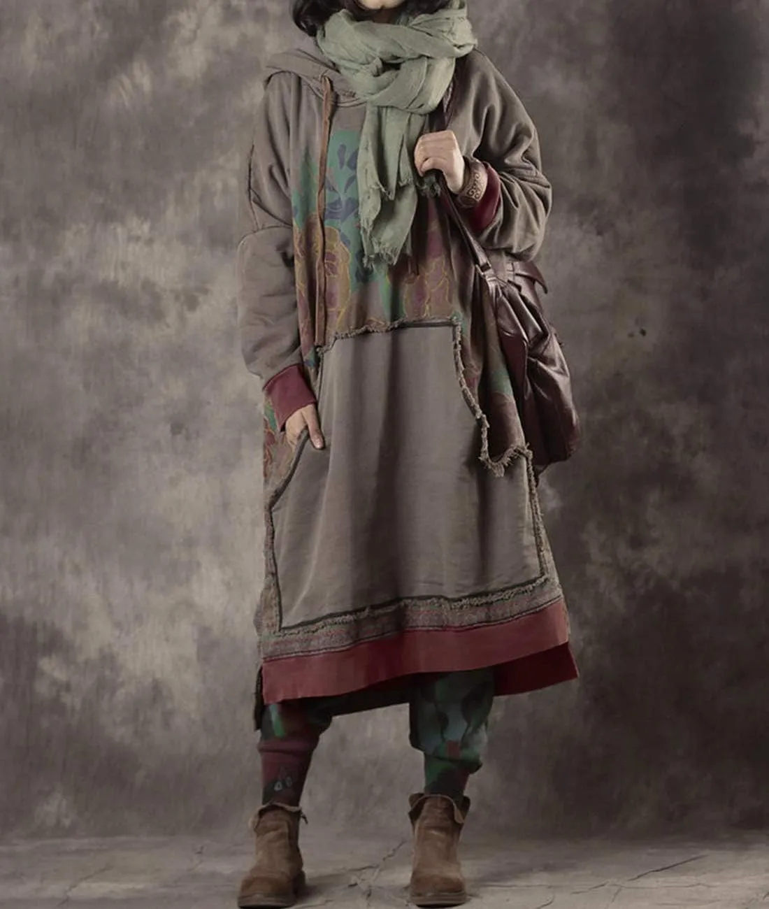 YESNO Women Long Casual Hooded Sweatshirt Dress Ethnic Floral Print Color Block Hemline with Pockets JFD