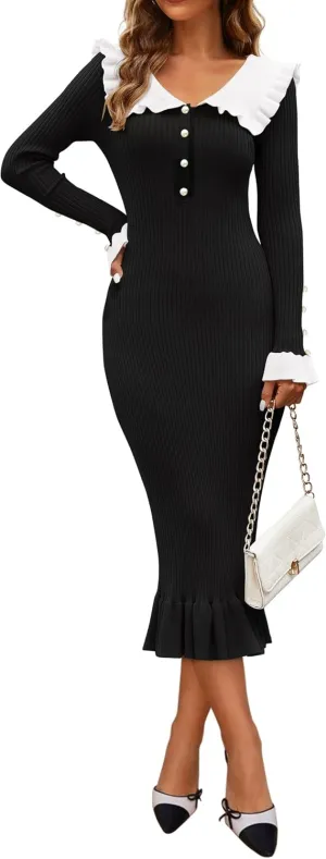 ZESICA Women's Long Sleeve Sweater Dress 2025 Spring Lapel Collar Button Elegant Casual Midi Bodycon Dresses