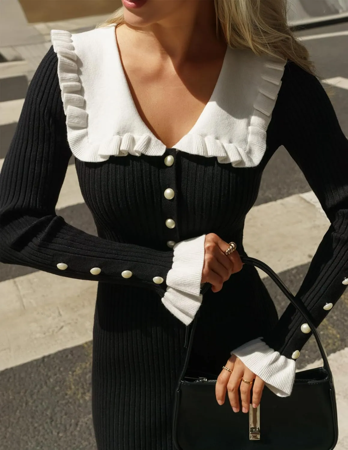 ZESICA Women's Long Sleeve Sweater Dress 2025 Spring Lapel Collar Button Elegant Casual Midi Bodycon Dresses