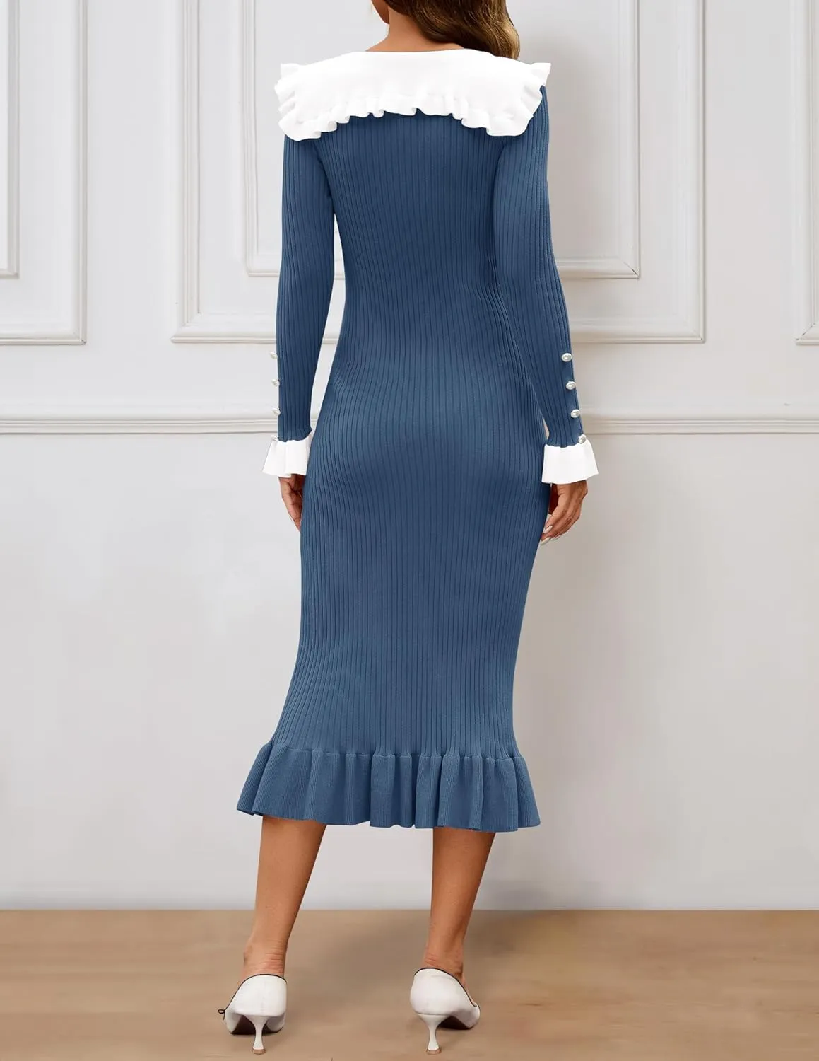 ZESICA Women's Long Sleeve Sweater Dress 2025 Spring Lapel Collar Button Elegant Casual Midi Bodycon Dresses