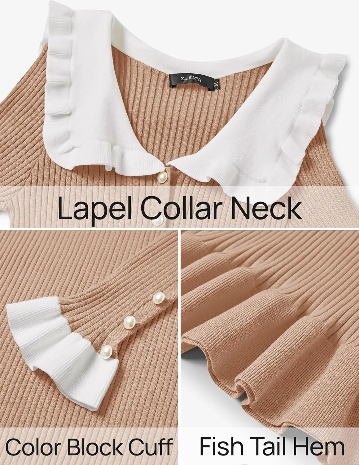 ZESICA Women's Long Sleeve Sweater Dress 2025 Spring Lapel Collar Button Elegant Casual Midi Bodycon Dresses