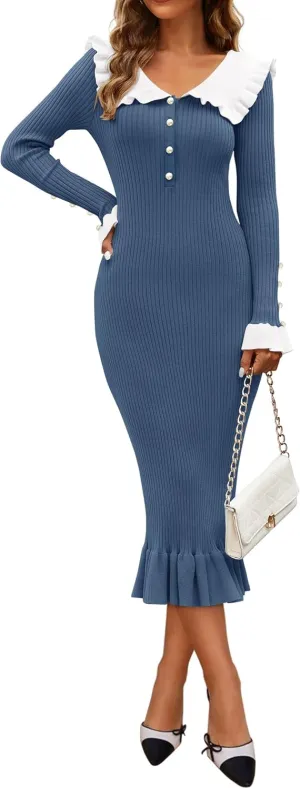 ZESICA Women's Long Sleeve Sweater Dress 2025 Spring Lapel Collar Button Elegant Casual Midi Bodycon Dresses