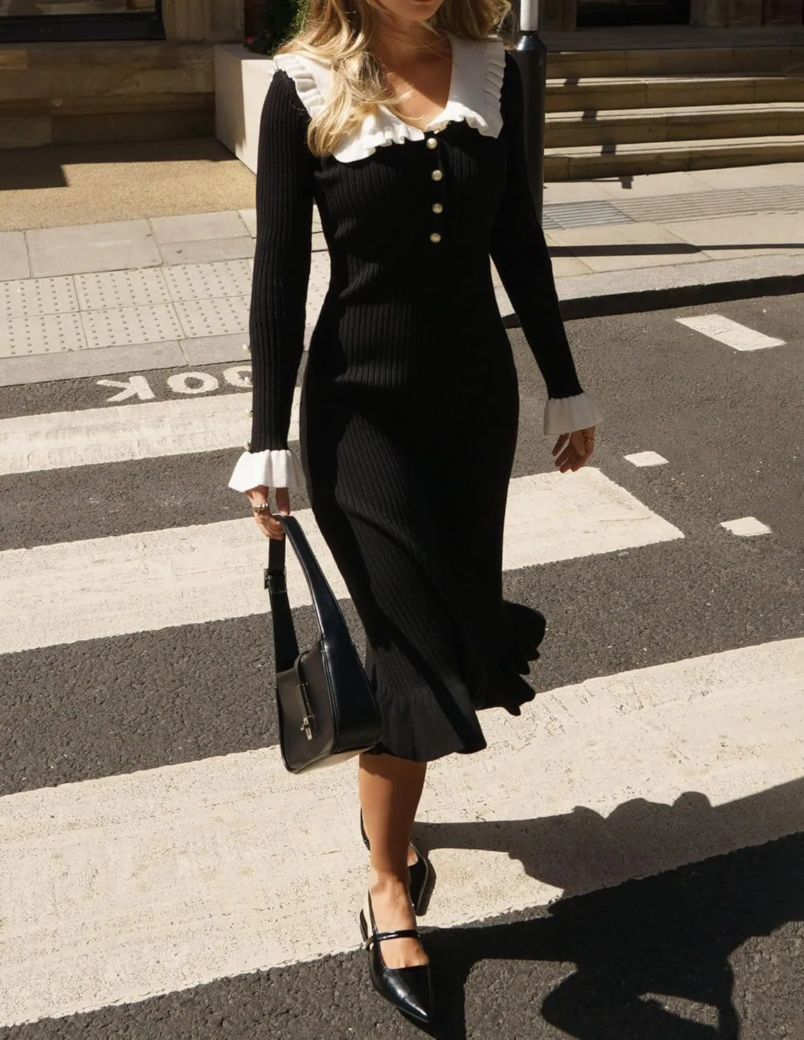 ZESICA Women's Long Sleeve Sweater Dress 2025 Spring Lapel Collar Button Elegant Casual Midi Bodycon Dresses