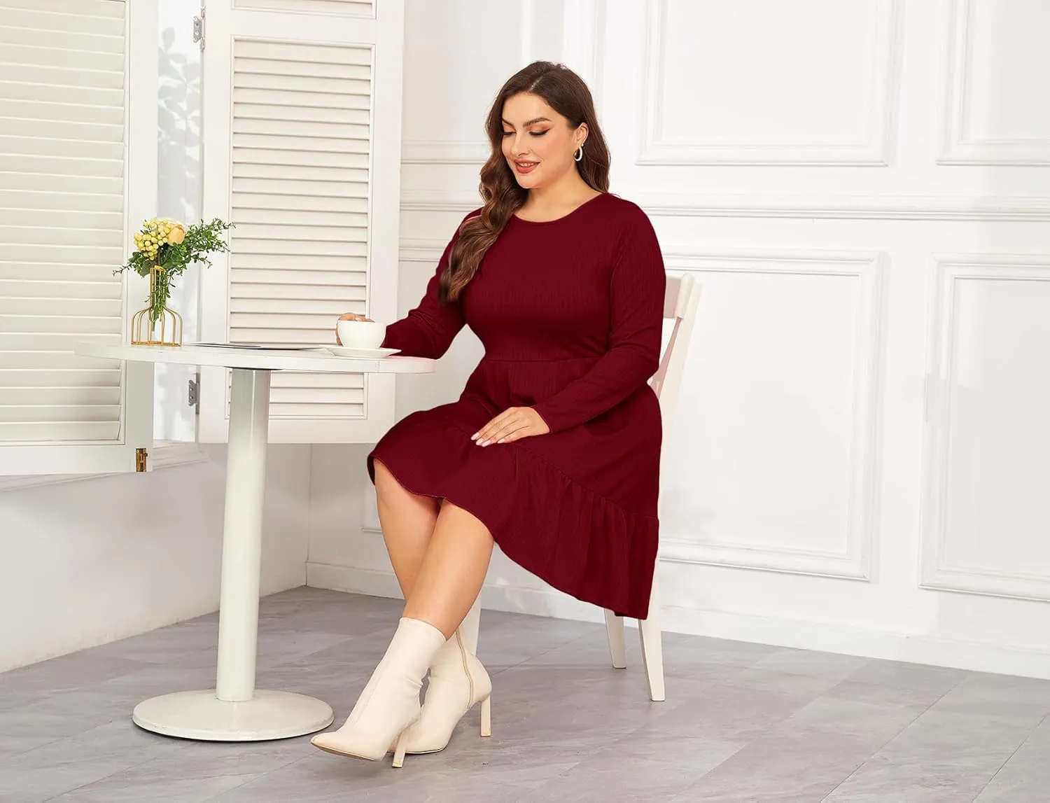 ZOMVA 2024 Winer Women's Plus Size Dress Ribbed Knit Long Sleeve Crew Neck A Line Short Ruffle Hem Sweater Dresses