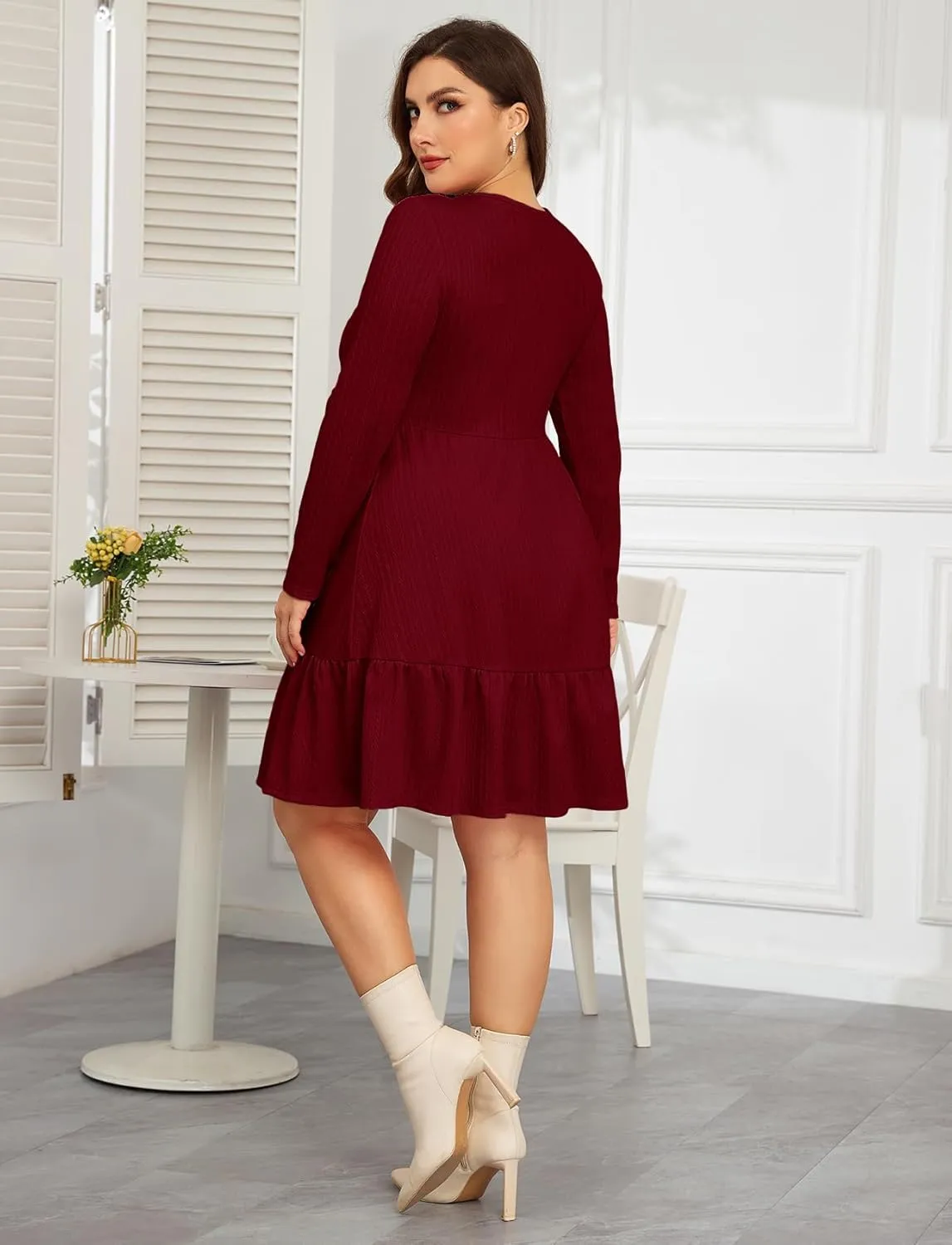 ZOMVA 2024 Winer Women's Plus Size Dress Ribbed Knit Long Sleeve Crew Neck A Line Short Ruffle Hem Sweater Dresses