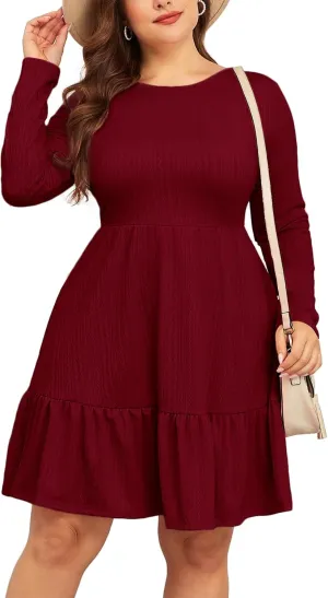 ZOMVA 2024 Winer Women's Plus Size Dress Ribbed Knit Long Sleeve Crew Neck A Line Short Ruffle Hem Sweater Dresses