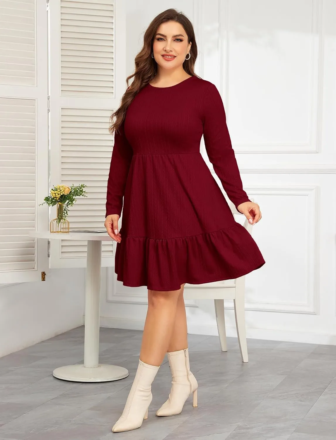 ZOMVA 2024 Winer Women's Plus Size Dress Ribbed Knit Long Sleeve Crew Neck A Line Short Ruffle Hem Sweater Dresses