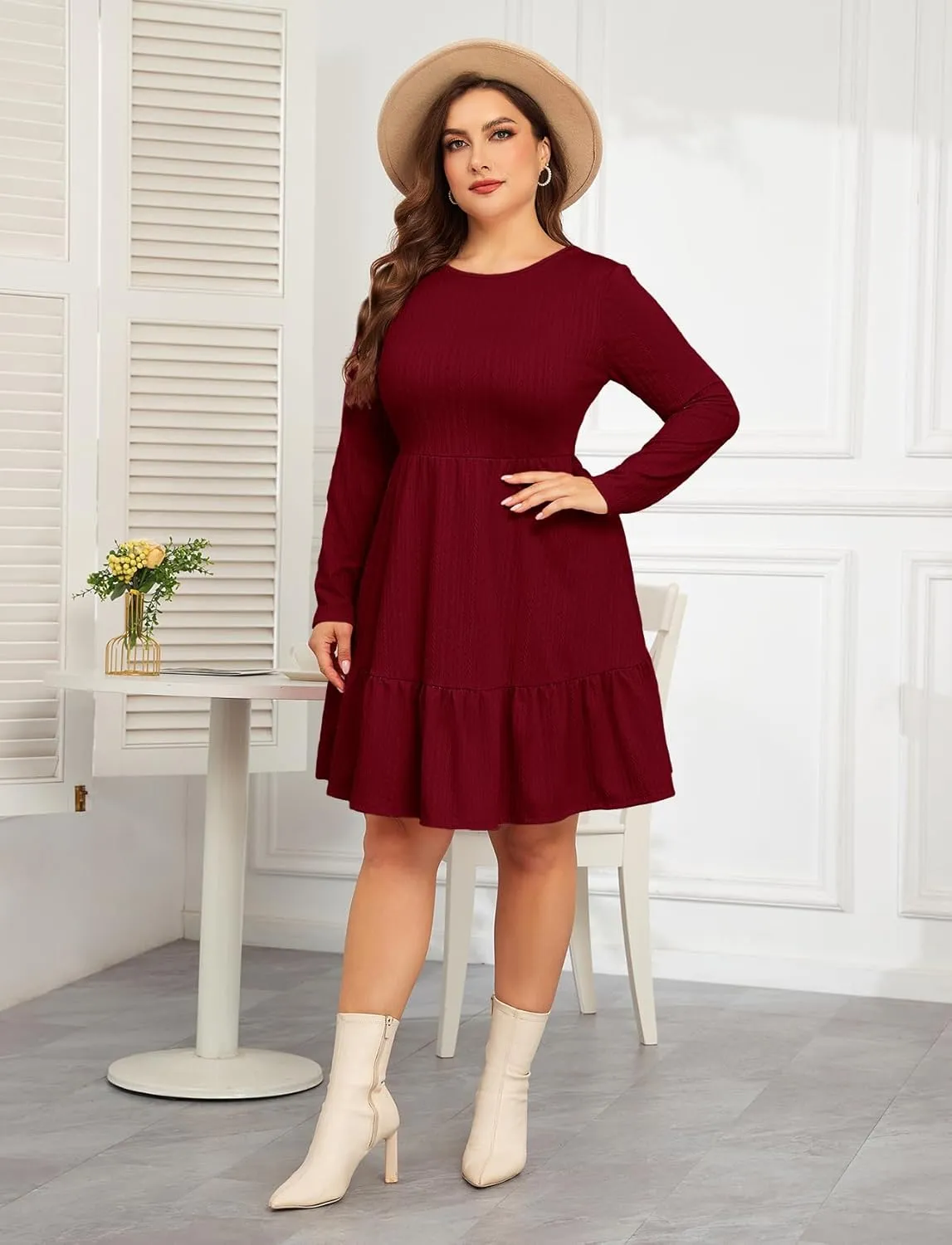 ZOMVA 2024 Winer Women's Plus Size Dress Ribbed Knit Long Sleeve Crew Neck A Line Short Ruffle Hem Sweater Dresses