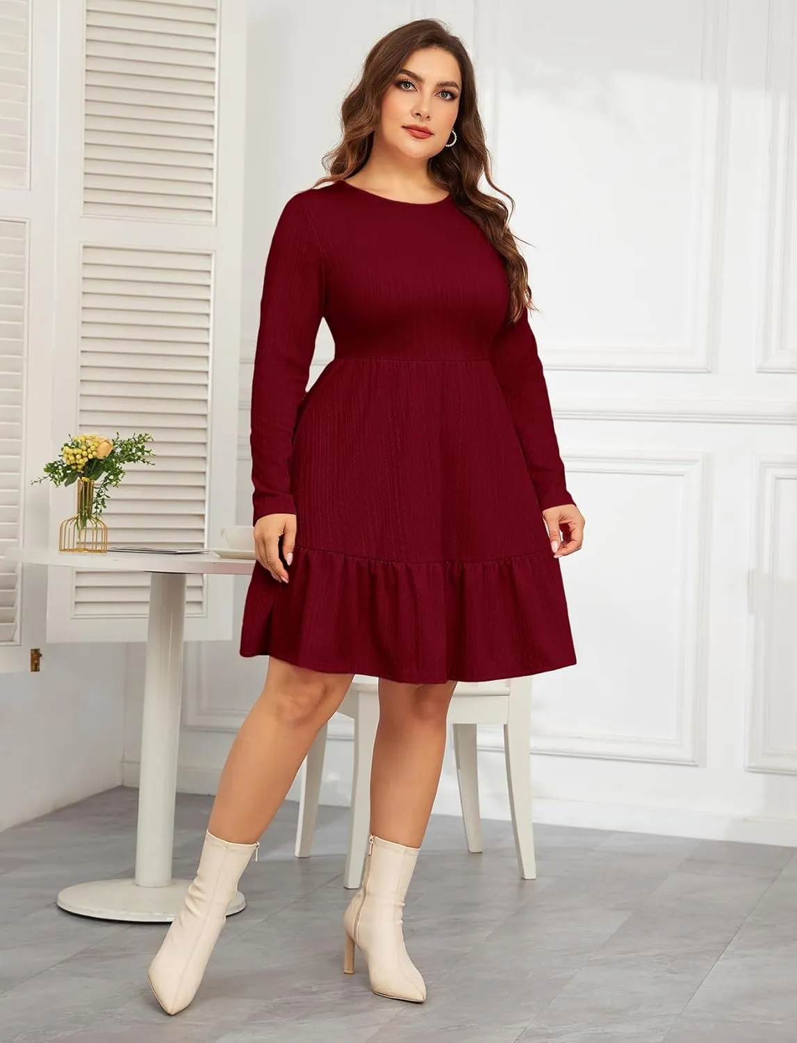 ZOMVA 2024 Winer Women's Plus Size Dress Ribbed Knit Long Sleeve Crew Neck A Line Short Ruffle Hem Sweater Dresses